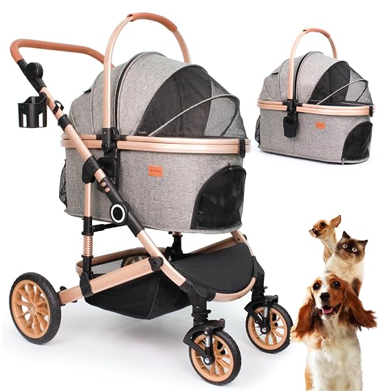 Bicystar Dog Stroller with Detachable Carrier, Rubber Wheels, 50 lbs, Grey