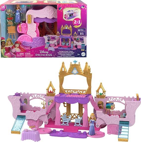 Mattel Disney Princess Toys, Carriage to Castle Transforming Playset with Aurora Small Doll, 4 Figures, Furniture & Accessories