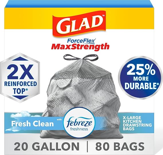 Glad ForceFlex MaxStrength Kitchen Trash Bags, Rip and Tear Resistant, Fresh Clean Scented Large Garbage Bags, Odor Control, Febreze Freshness, 20 Gallon Trash Bags, 80 Count