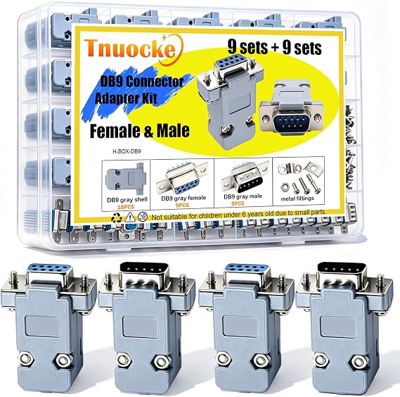 18Pack DB9 Connector Adapter Kit, 9 Pin D-SUB Male/Female Solder Cup Connectors, Tin Plated Housing, Lightweight Gray Plastic Hoods, Individually Bagged