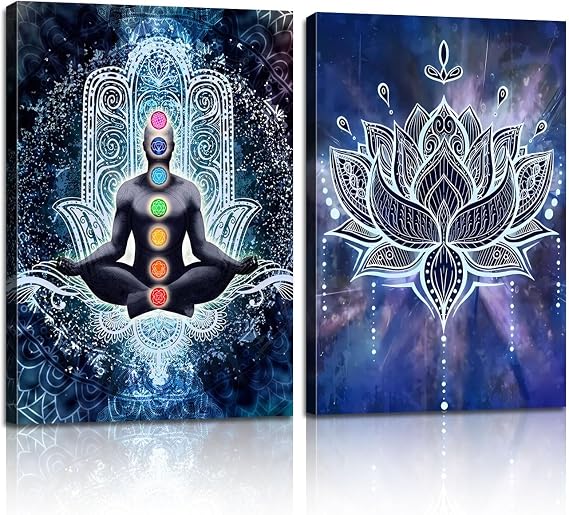 2 Pcs Framed Spiritual Canvas Wall Art Mural Chakra Meditation Poster Lotus Mandala Printed Zen Yoga Artwork Used Mindfulness Therapy Posters Bohemian Picture Home Decoration Gallery Wrapping