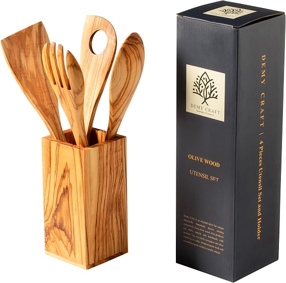 Zeytin Ağacı El Yapımı 5 Parça Mutfak Seti, Ahşap Kutu, Kaşık, Çatal, Spatula, Delikli Spatula, 30 cm.