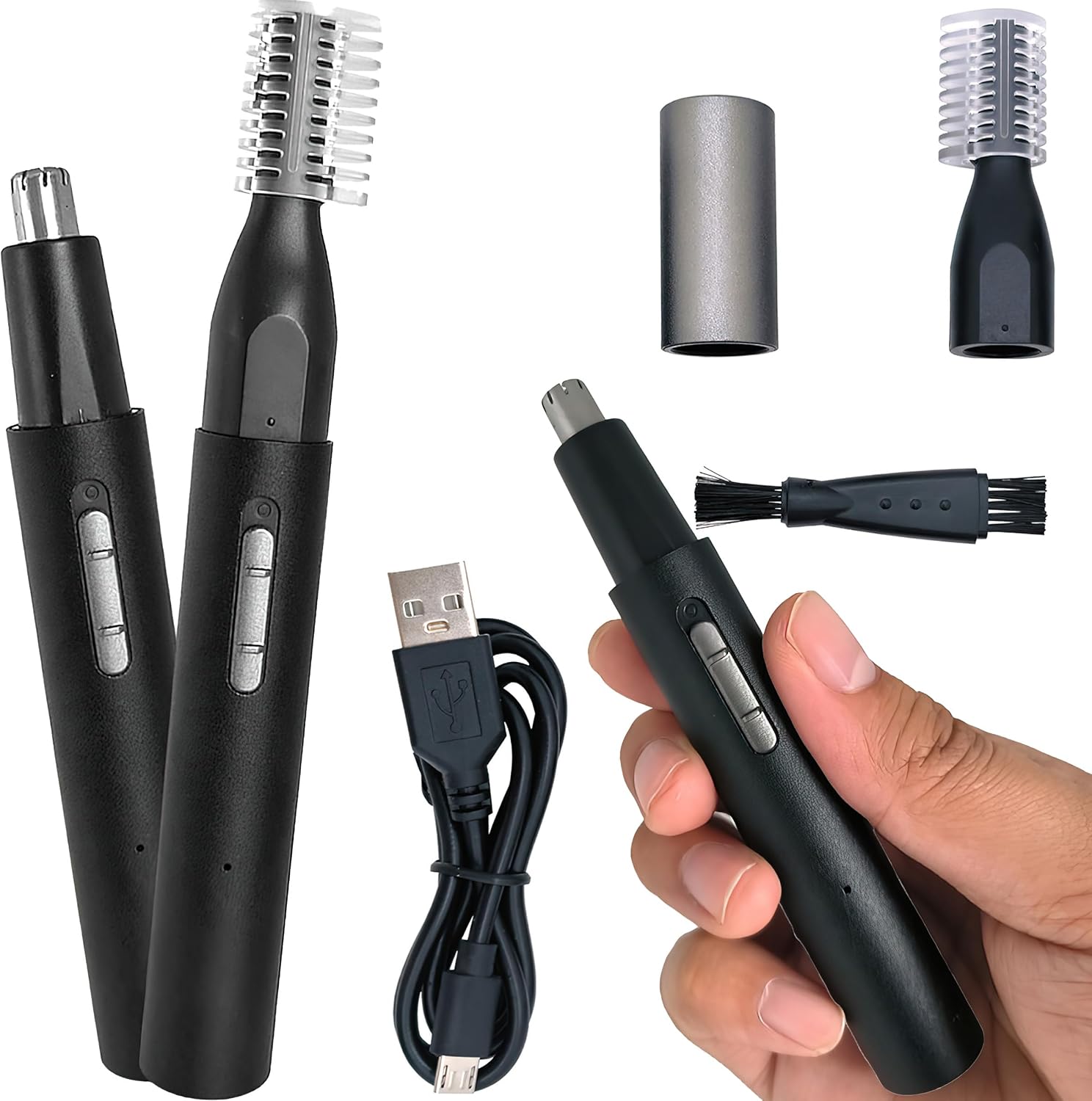 4-in-1 Rechargeable Nose Hair Trimmer for Women & Men - Painless EyebrowFacialEar Hair Remover, Waterproof Portable Grooming Kit with Dual Blades & Safety Guard Black