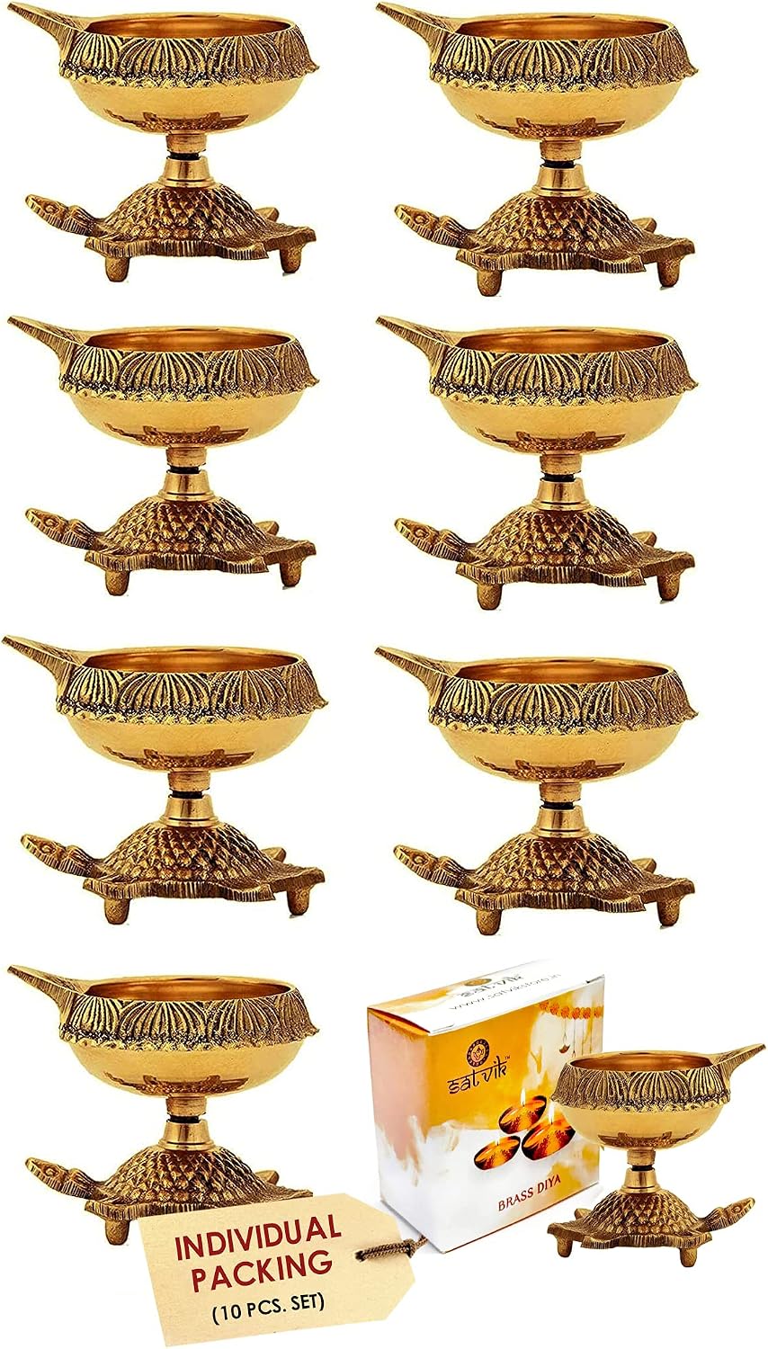 SATVIK 10 Pc Big Size Kuber Turtle Diya for Diwali Decoration Handmade Oil Lamp with Golden Engraved Virgin Brass Metal Diwali Diya Vilakku for Puja Pooja Traditional Indian Deepawali Gift Items