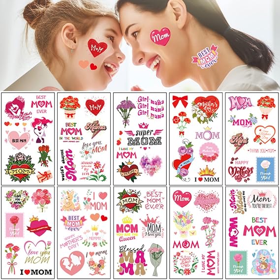 10 Sheets Mom Heart Flowers Temporary Tattoos Stickers Happy Mother's Day for Women Men Boys Girls Body Face Art Decal Decoration Supplies