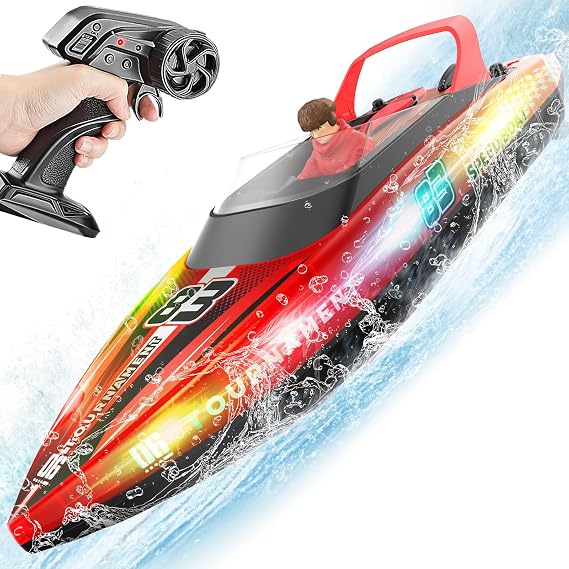 RC Boat for Adults with LED Lights, 40+ Mins, Self-Righting Waterproof Remote Control Boat Toys for Pools, Lakes, Bathtubs, Summer Water Toys for Kids, Radio Controlled Watercraft (Red)