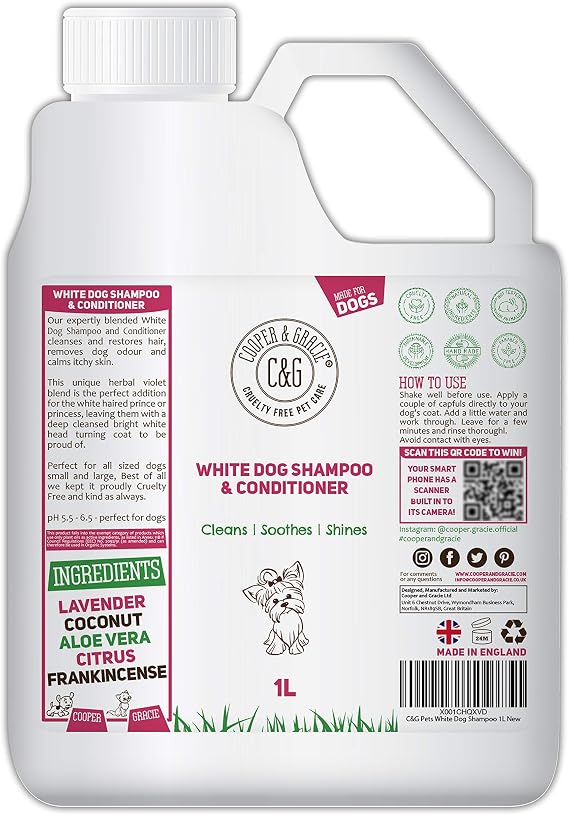 White Dog Shampoo Conditioner 1L with Herbal Violet for Urine Stain Removal and Itchy Sensitive Skin - Medicated Puppy Safe