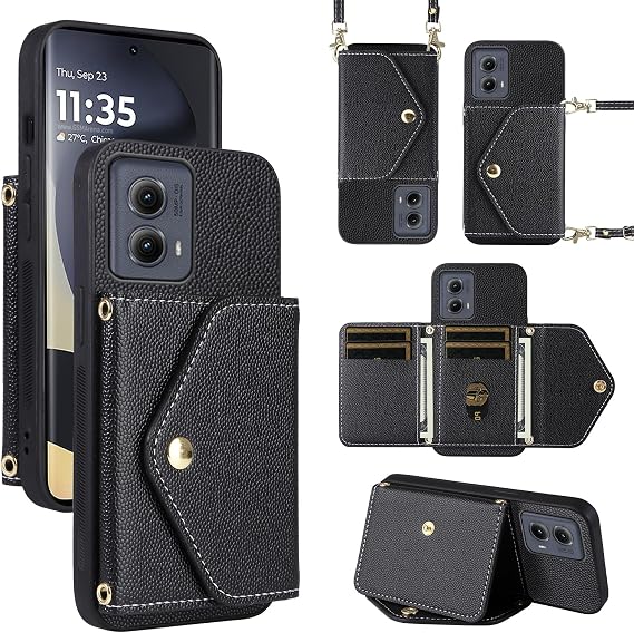 Minimalist Wallet Case for Motorola Edge 5G 2024 with Shoulder Strap, 6 Card Slots Thin Slim Flip Purse PU Leather Credit Card Holder Stand Accessories Cell Phone Cover for Moto Edge2024