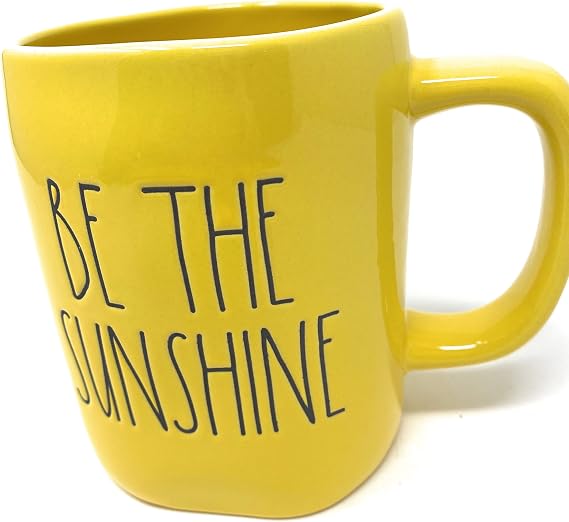 Rae Dunn BE THE SUNSHINE All Sides Yellow Mug Inscribed in LL Black