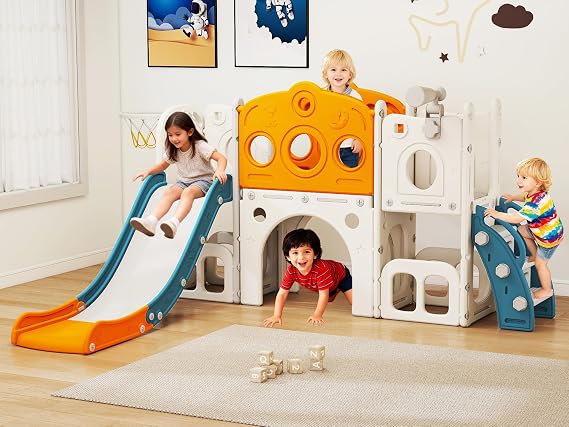 GITAWUSA 8 in 1 Toddler Slide, Outdoor Indoor Playset for Kids Baby Age 1 2 3, Childs Climber Slide with Storage Space and Non-Slip Steps, Basketball Hoopa and Telescope, Yellow & Green