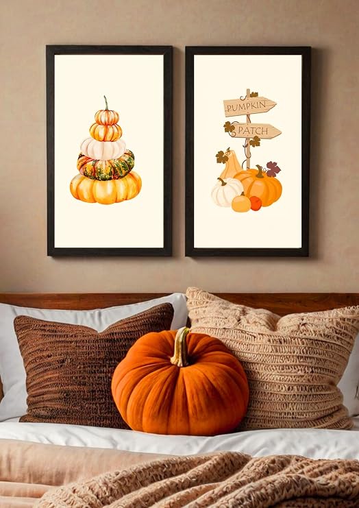 Autumn Art Pumpkin Patch Decorative Wall Poster Set, 2 Pieces, Autumn Themed, Framed Orange Pumpkin Design, Home Decoration (15x35, White)