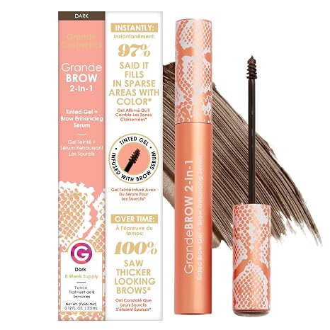 Grande Cosmetics GrandeBROW 2-in-1 Tinted Brow Gel + Brow Enhancing Serum for Thicker & Darker-Looking Eyebrows, Shape & Fill Brows, Long Wear, with Castor Oil & Mini Fibers