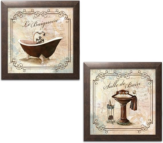 Prints for Decorating Bathroom; Salle De Bain & Le Baignoire; Two 12x12in Brown Framed Pieces, Ready to hang