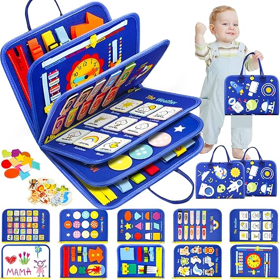 SaFeli Busy Board, Montessori Toys for Boys, Sensory Board Birthday Gifts - Educational Busy Book, Learning Toys, Preschool Learning Activities and Travel Toys for Airplane Car, Blue