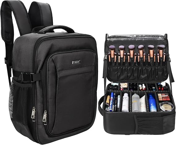 Relavel Makeup Backpack, Professional Travel Train Case Makeup Artist Kit Set Bag for Women Extra Large Cosmetic Organizer, Brush Storage Holder, with Adjustable High Dividers, Black