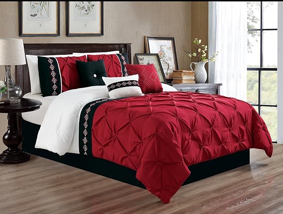 Grand Linen Comforter Set, Full Size, Burgundy Red/Black/White