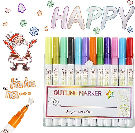Marker Pen for Highlight, 2025 New Double Line Highlighter Outline Marker Set, Metallic Paint Glitter for Art Crafts Scrapbook Supplies, Trendy Gift Idea for Girls Teens (12 Color)