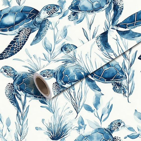 Peel and Stick Wallpaper 23.6"*393.7" Ocean Wallpaper Watercolor Sea Turtle Ocean Plants Blue Tones Wall Decor Contact Paper Removable Wall Paper for Bedroom Desk Drawers Kitchen