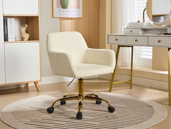 KCC Corduroy Makeup Vanity Chair,Home Office Desk Chair with Wheels, Beige