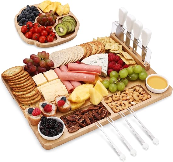 hecef Large Charcuterie Board Set of 13, A Bamboo Cheese Board and Snack Tray, 2 Ceramic Bowls, 4 Server Forks, 4 Knives Set, Appetizer Platter for Birthdays, Weddings, Housewarming, Feast