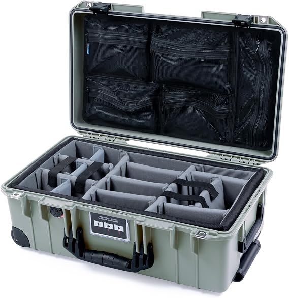 Pelican Air 1535 Carry-On Sage Green - Medium Size Waterproof Case with Grey Padded Divider and Mesh Lid Organizer - Black Handles, Latches & Trolley