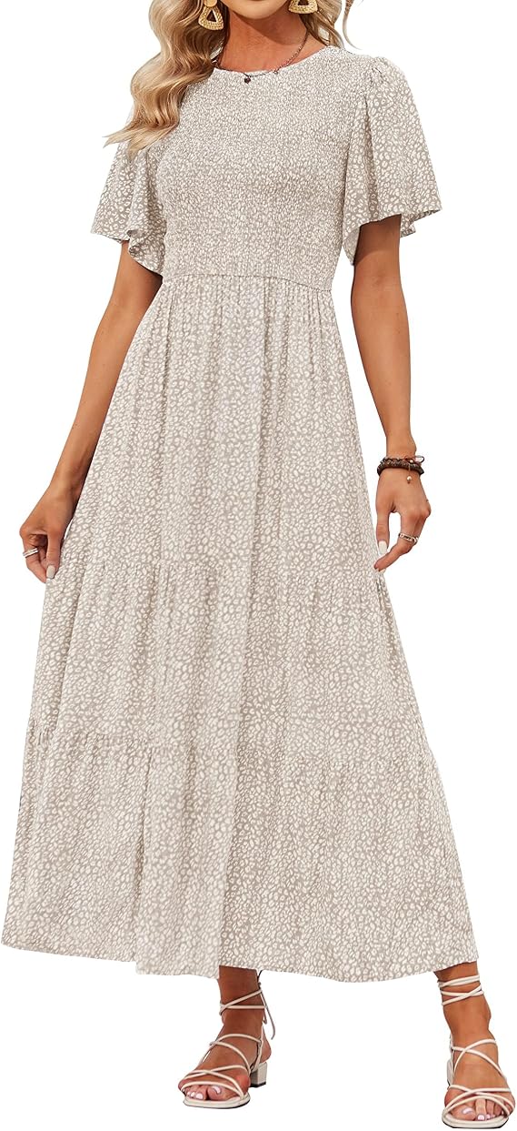 ZESICA Women's Summer Boho Floral Smocked Short Sleeve Maxi Dress