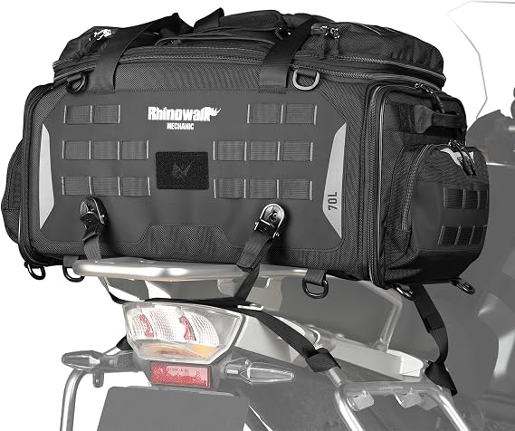 Motorcycle Tail Bag Expandable 50-70L Travel Luggage with Rain Cover Backpack & Molle System-Black