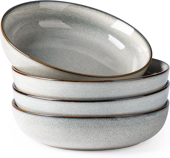 GBhome 8.75'' Large Ceramic Pasta Bowls, 38oz Stoneware Pasta Serving Bowls Set of 4 for Kitchen, Wide Bowls for Fruit,Pasta,Salad,Oatmeal,Meal, Microwave Safe, Reactive Glaze-Green Wheat
