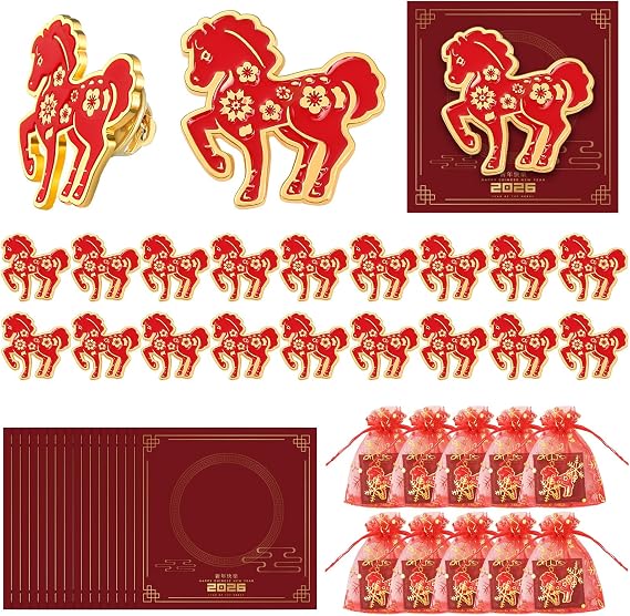 30 Sets Year of the Horse 2026 Gifts Chinese New Year Horse Pins with Theme Cards and Red Organza Bags for 2026 Chinese New Year Spring Festival Gifts Lunar Zodiac Blessing Souvenir