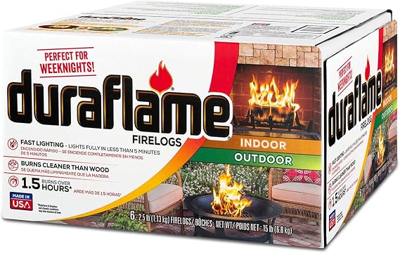 Duraflame 2.5lb Indoor Outdoor Quick Light Firelog for Camping, Firepits, Bonfires, and Fireplaces, 1.5 Hour Long Burn Time, 6 Pack