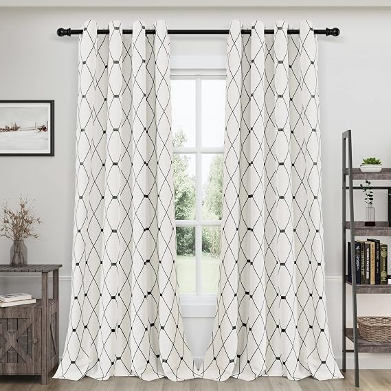 Joywell Cream Linen Curtains for Living Room 102 Inches Long Black Pattern Embroidered 50% Blackout Curtain Modern Farmhouse Decor Neutral Grommet Top Design Drapes for Bedroom 52x102, 2 Panels