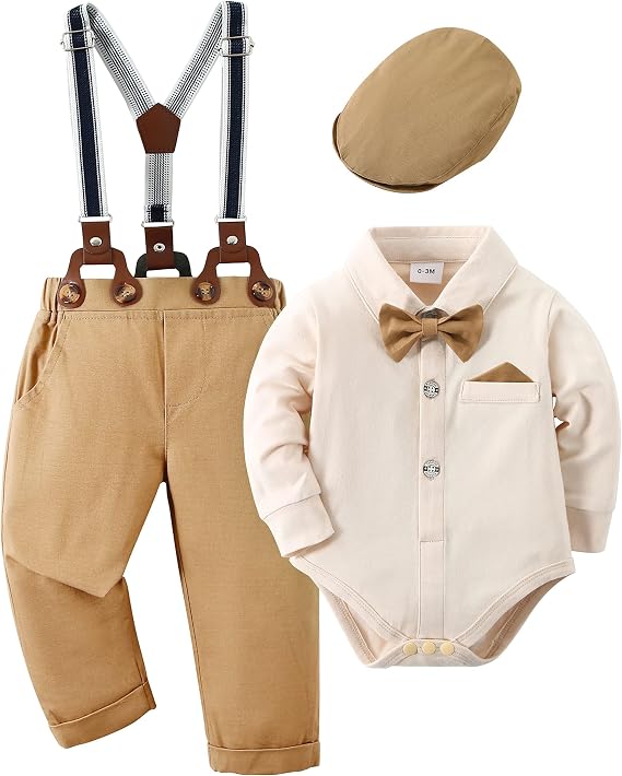 Baby Boy Gentleman Clothes Suit Set, 0-18M Infant Tuxedo Long Sleeve Romper + Suspenders Pants with Bowtie Outfit
