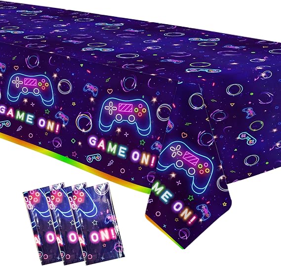 Video Game Party Tablecloth Decorations, Neon Glow Theme, 3 Pack