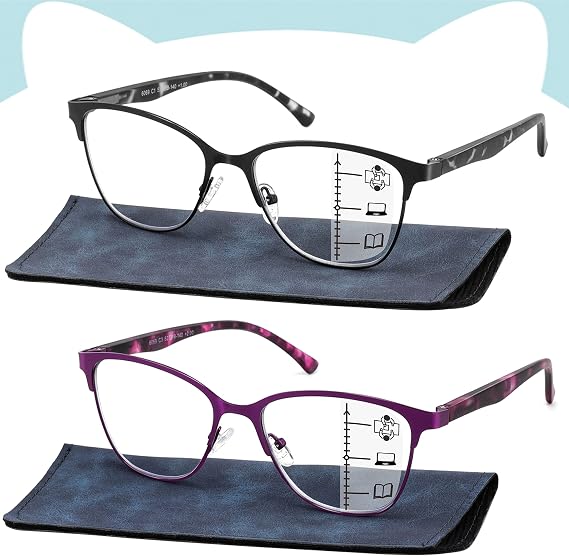Progressive Multifocal Reading Glasses Women Cat Eye No Line Multifocus Transition Blue Light Reader Lady Metal Frame