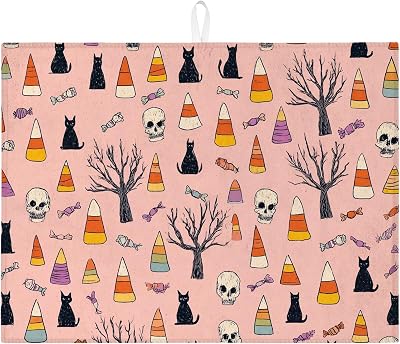 Halloween Dish Drying Mats For Kitchen Counter, Spooky Cat & Candy Corn Absorbent Dish Drainer Rack Mat, Fun Microfiber Drying Pad For Kitchen Counter Decor 18x24 Inch