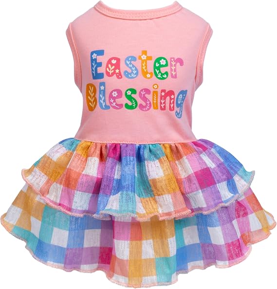 Fitwarm Easter Blessing Dog Dress, Easter Outfit for Small Dogs Girl, Colorful Pet Clothes, Pink, Blue, Orange, White, XXS