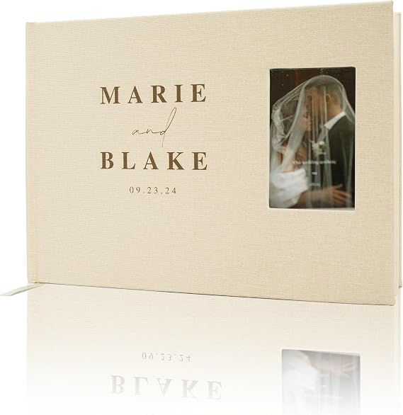 Personalized Wedding Guest book with Photo Cover (Canvas Linen - Design 3) - Custom Guest Signing Book For Ceremony Reception Table Decoration Party Event, 11.5"x8.5" Book with 2.5" x 4" Photo Slot
