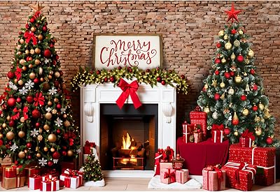 7x5 ft Christmas Fireplace Backdrop Christmas Trees Xmas Socks Gift Boxes Brick Wall Photography Background Christmas New Year Winter Holiday Event Party Decorations Banner Photo Props