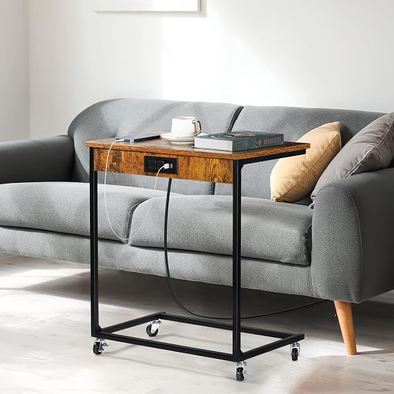 NORCEESAN C Couch Side Table with USB Ports and Outlets Mobile Snack Table for Sofa Side Laptop C Shaped Table with Charging Station for Bedside Living Room, Farmhouse Brown