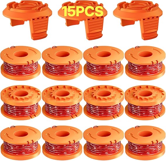 Eventronic 15 Pack (WA0010) Trimmer Line Spool for Worx Weed Eater | Durable 0.065" Auto-Feed String Trimmer Refills, Weed Wacker String Replacement Parts, Includes 12 Spools & 3 Caps
