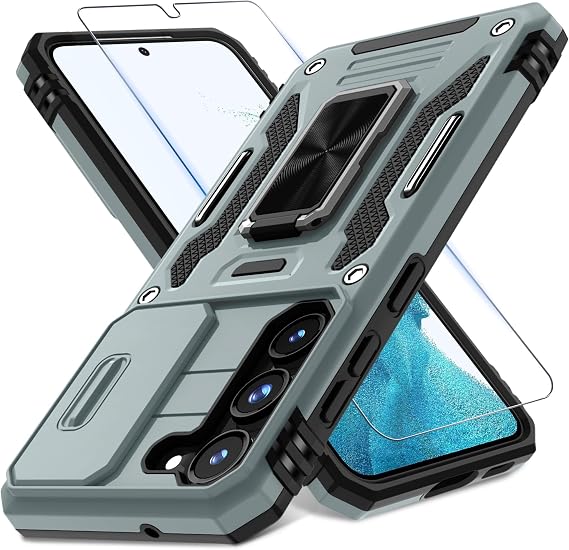 DEERLAMN Case for Samsung Galaxy S23+ Plus with Slide Camera Cover+Screen Protector(1 Pack),Rotated Ring Kickstand Military Grade Shockproof Protective Cover-Gray