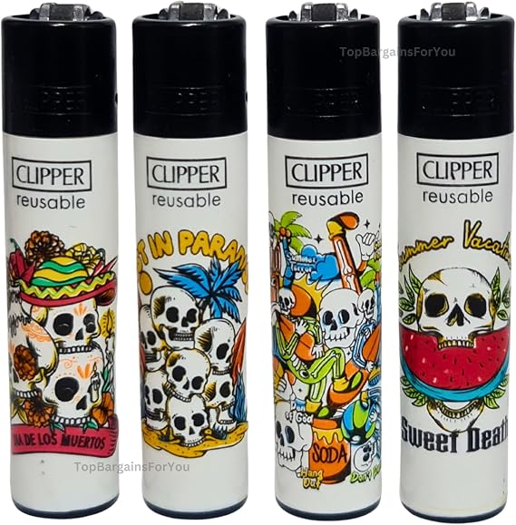 4 x Clipper Lighters SKULLS LOL QUOTES 3 FUNNY SAYINGS Design Set, Gas Refillable Flint Rare - Limited Edition