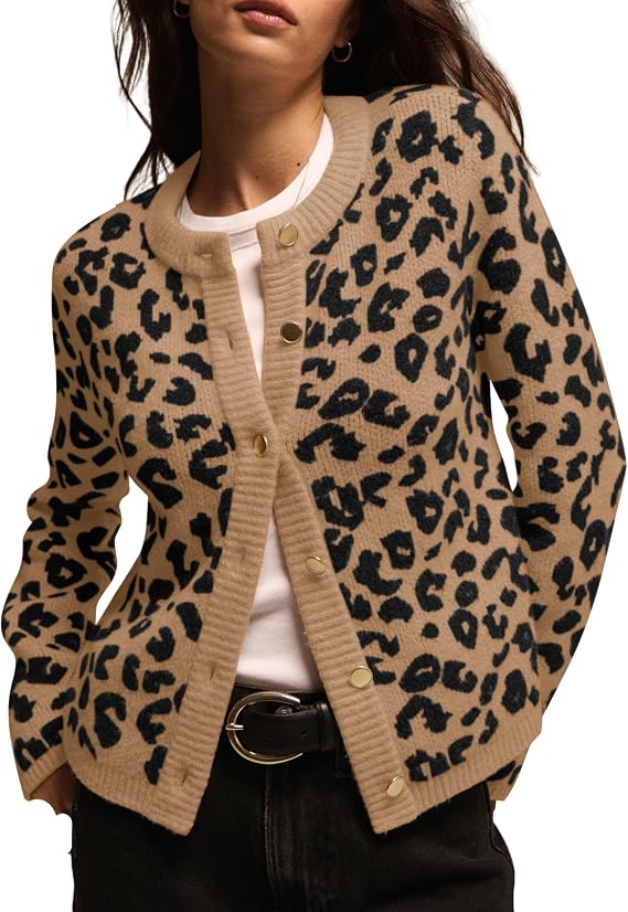 TERIVEEK Leopard Cardigan Sweaters for Women Cheetah Print Open Front Button Down Long Sleeve Casual Knit Outwear Coats