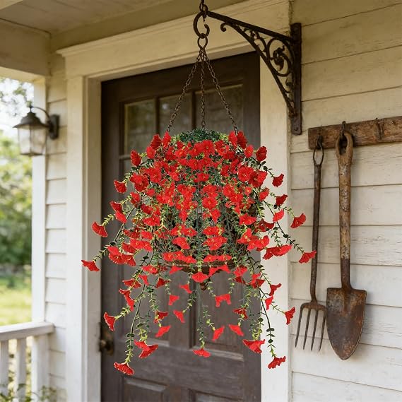 2 Bundles Artificial Hanging Morning Glory Flowers Reusable Realistic Silk Trailing Vines with Fake Eucalyptus Leaves Faux Plants for Yard Garden Porch Patio Balcony Spring Summer Decor (Red)