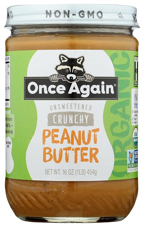 Once Again Organic Crunchy Peanut Butter, 16oz - Lightly Salted, Unsweetened - USDA Organic, Gluten Free Certified, Vegan, Kosher - Glass Jar