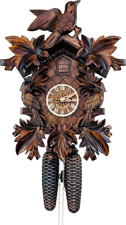 Eight Day Cuckoo Clock with Three Hand Carved Birds and Seven Leaves