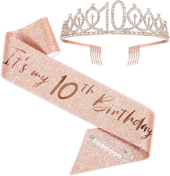 10th Birthday Sash and Tiara for Girls Rose Gold Birthday Sash Crown 10 & Fabulous Sash and Tiara for Girls 10th Birthday Gifts for Happy 10th Birthday Gifts