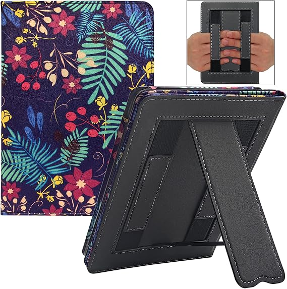 Stand Case for 6" Kindle Paperwhite (Fits 10th Generation 2018 and All Paperwhite Generations Prior to 2018) Cover with Auto Sleep/Wake/Double Hand Strap (Flower Clusters)