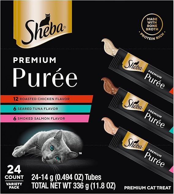 Sheba Premium Puree Lickable Cat Treats, Chicken, Salmon & Tuna, 24 Count