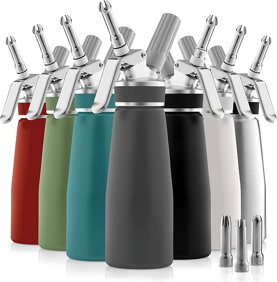 Professional Whip Cream Dispenser - Heavy Duty Aluminum Cream Whipper with 3 Stainless Steel Cooking Decorating Nozzles and 1 Brush - Whipped Cream Canister with Recipe Guide - Homemade Cream Maker